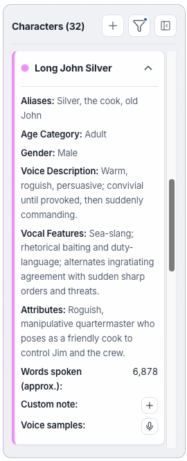 PrepBoss character notes panel showing auto-generated character details and voice guidance