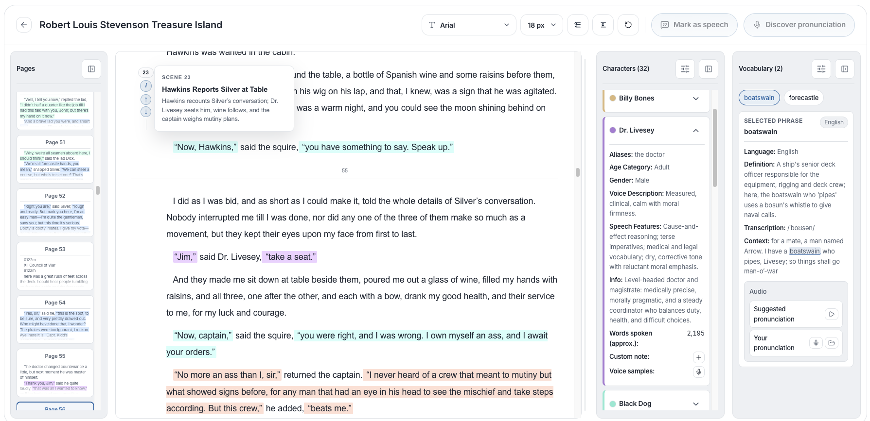 PrepBoss dialogue attribution view showing character speakers highlighted in the manuscript