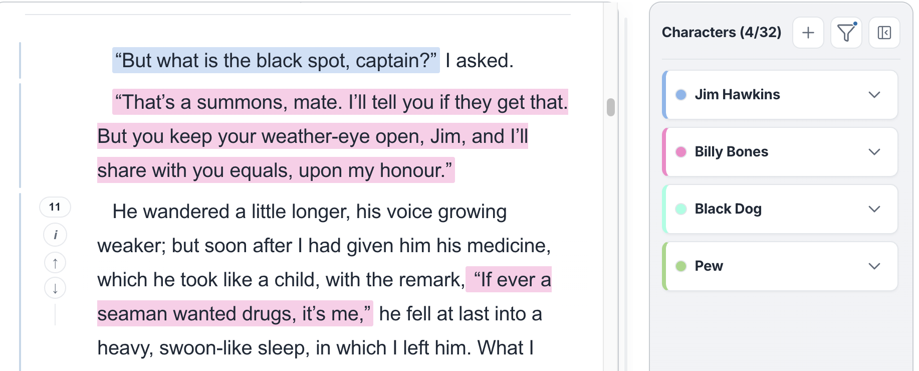 PrepBoss manuscript workspace with highlighted dialogue assigned to different characters