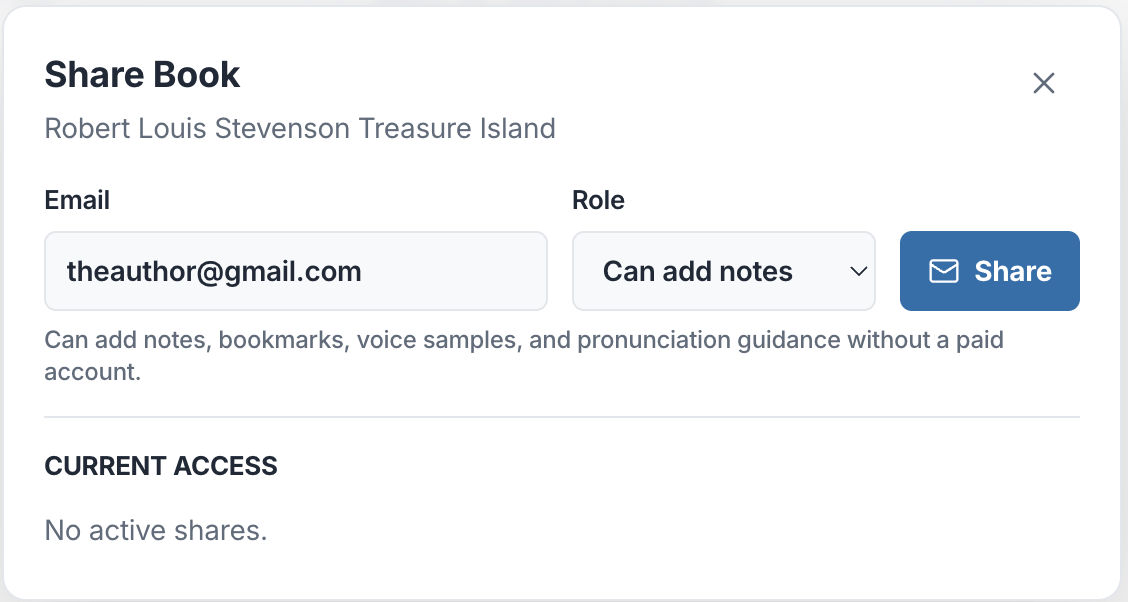 PrepBoss share book modal with email, role, and current access controls