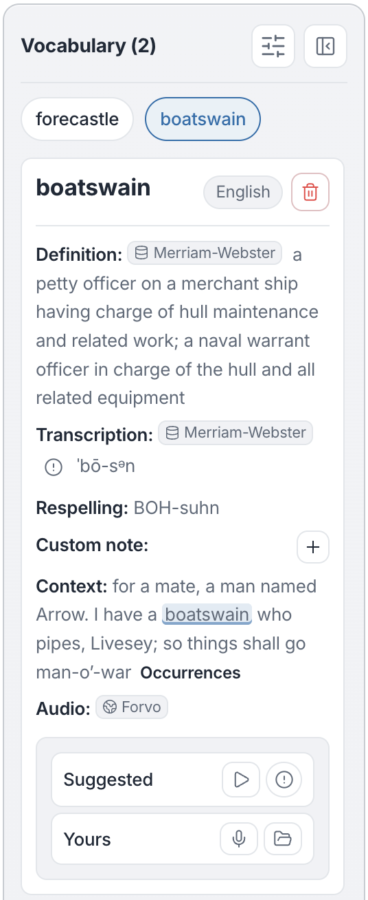 PrepBoss vocabulary panel showing definition, transcription, context, and audio controls